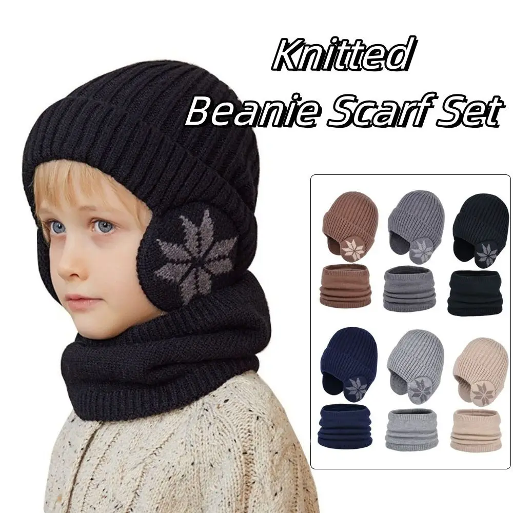 

2pcs Solid Color Ear Protection Wool Caps Coldproof Earflap Children Knitted Beanie Thickened Windproof Scarf Hat Set Winter