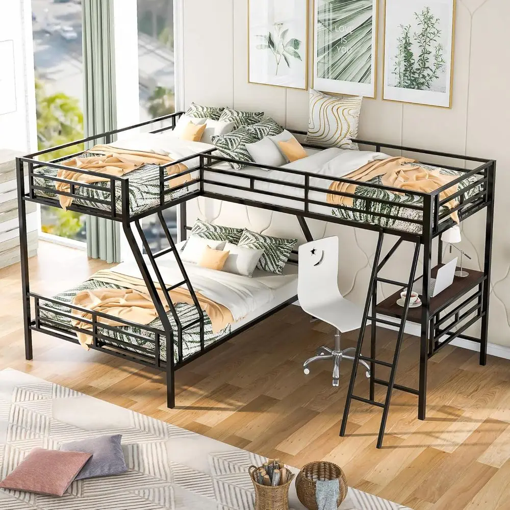 

L-Shaped Triple Bunk Bed with Desk, Metal Twin Over Full, Guardrails and Ladder, Suitable for Kids, Teens, Adults, Noise-Free, B