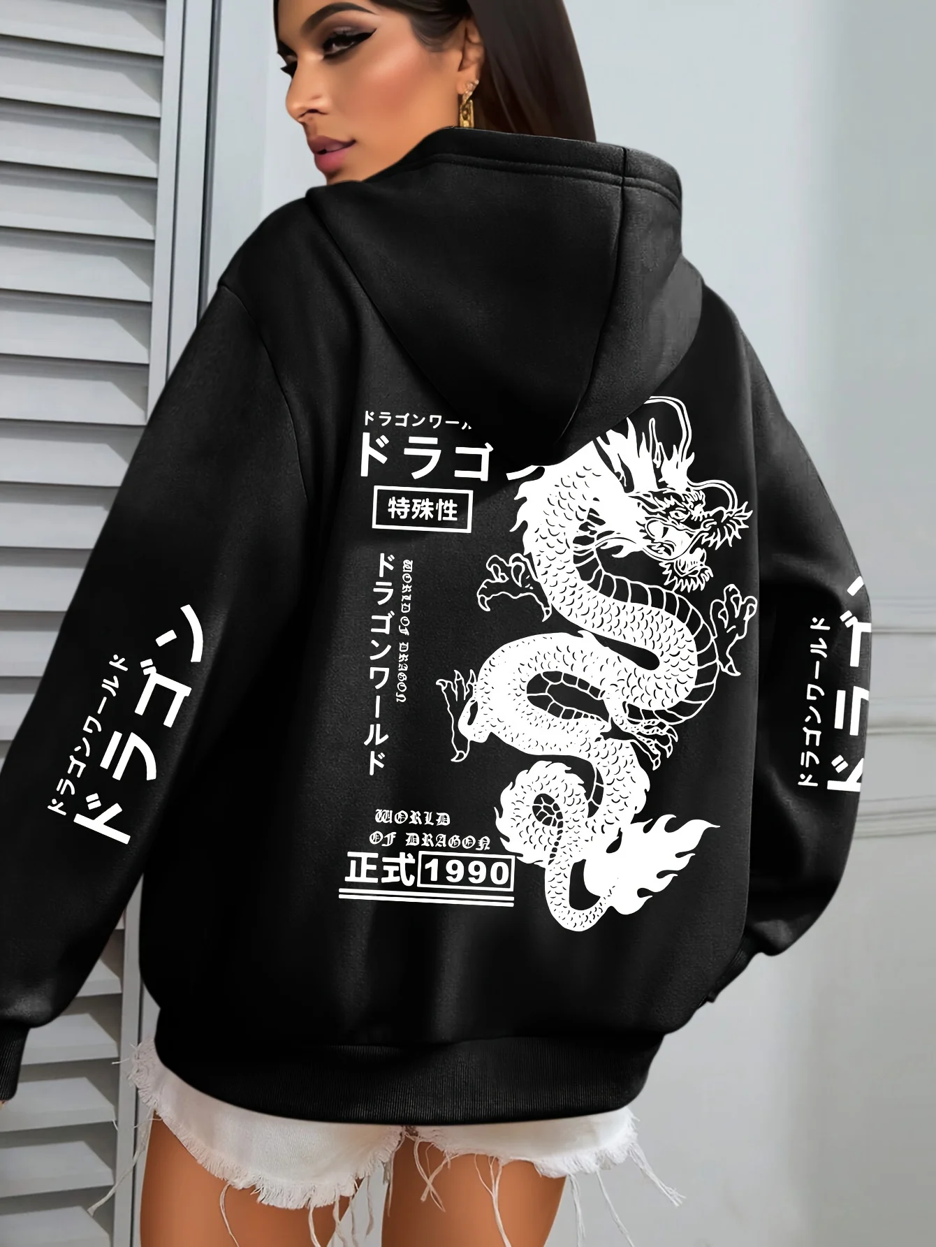 Japanischer Drachen-Grafik-Hoodie für Damen, Streetwear, Rücken- und Ärmel-Print, Kapuzenpullover, lässiger, lockerer, übergroßer Pullover-Hoodie – Detail 8