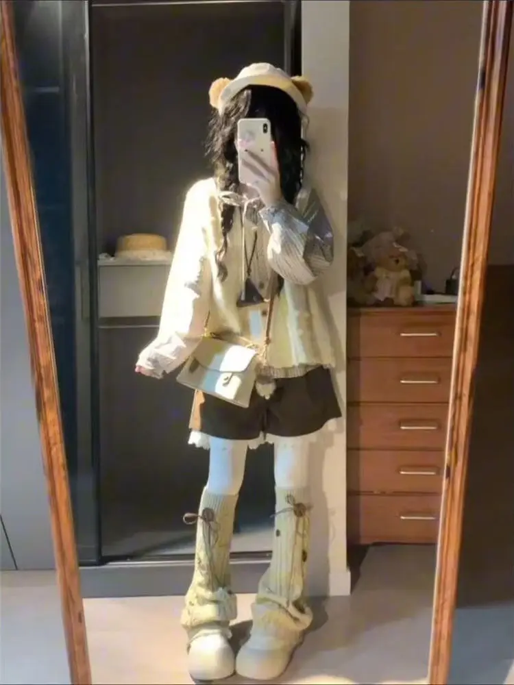 

Cute Japanese Style Plaid Shirt And Knitted Vest Two-Piece Set for Women with Bow Tie Warm Winter Fashion Ensemble