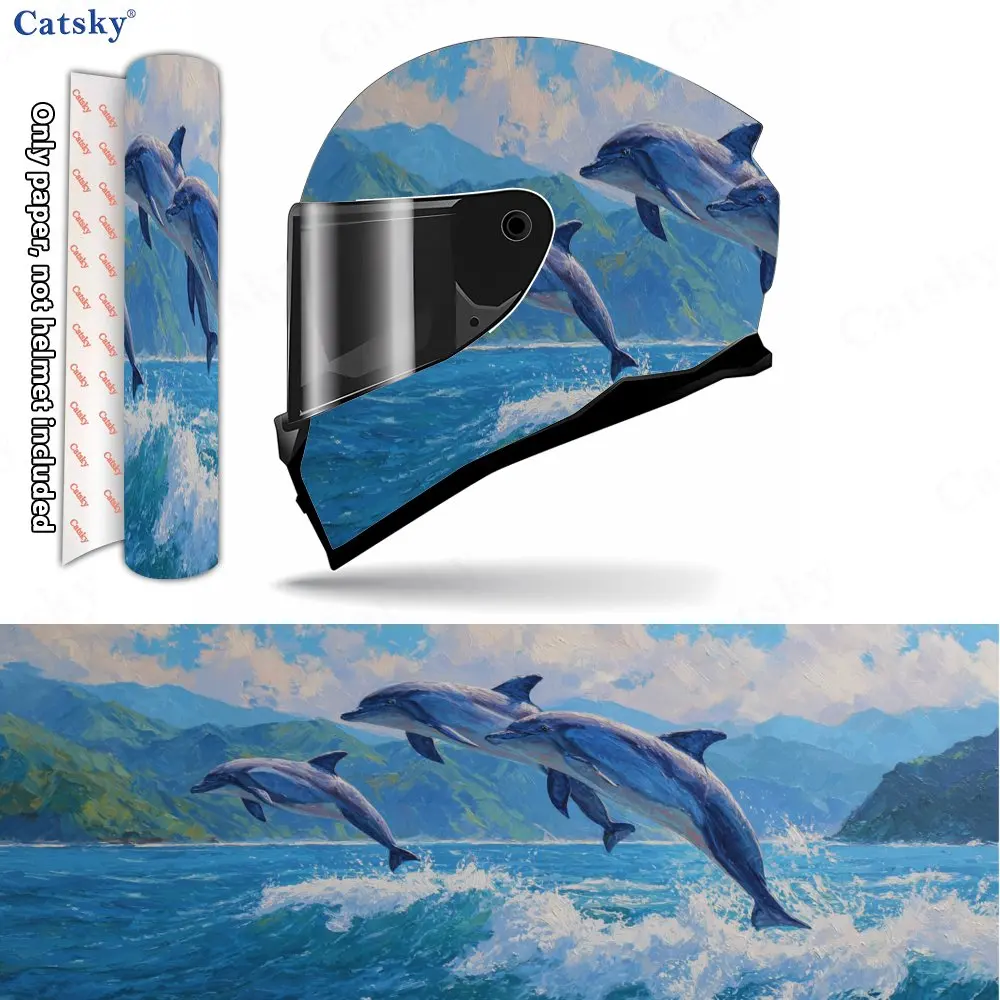 

Dolphin Playing Fun Ocean Helmet Vinyl Wraps, Waterproof Scratch-Resistant Full Face Helmet Decals, Durable PVC Decoration Prote