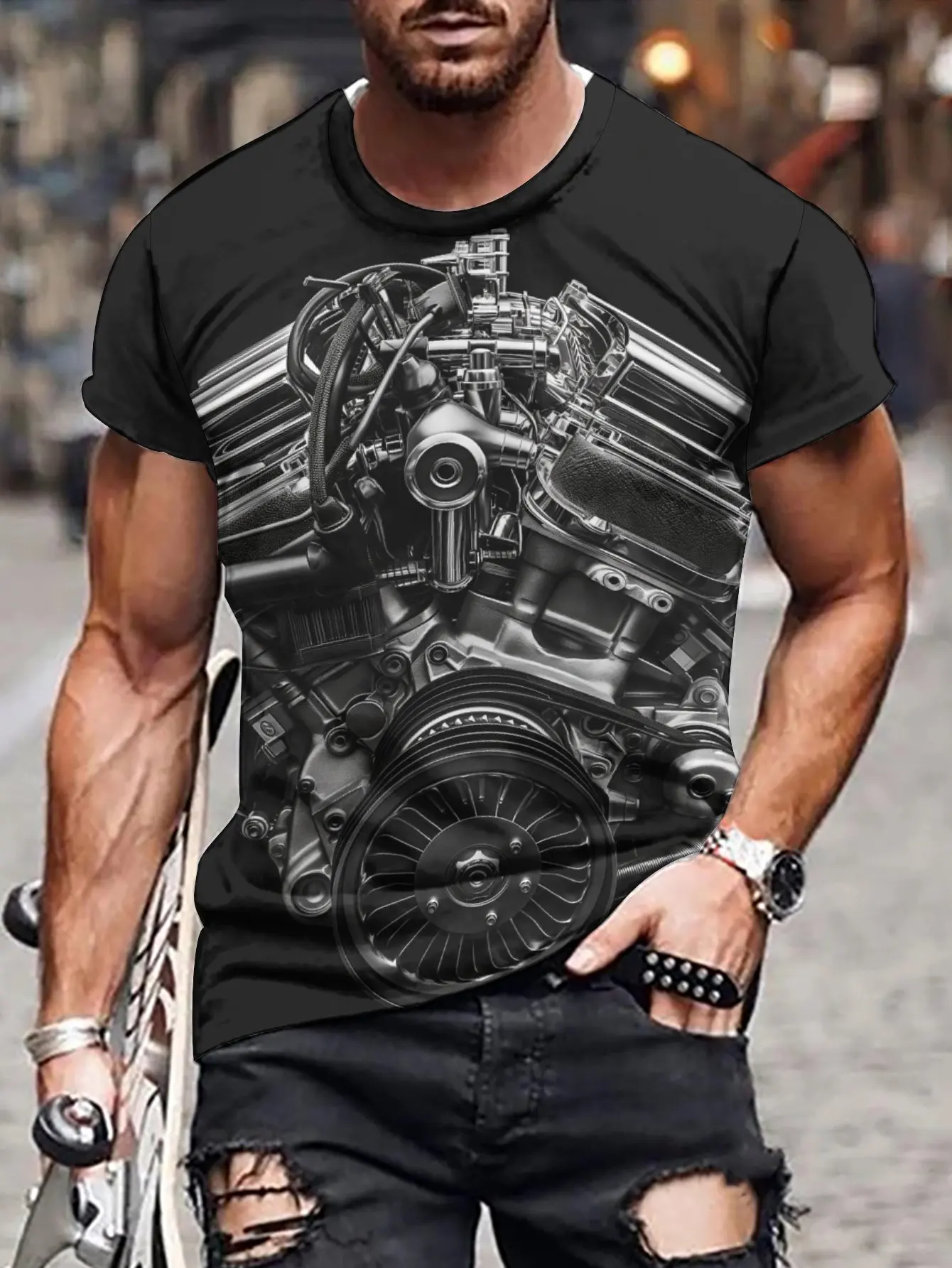 2024 New Men's 3D Graffiti Mechanical Pattern T-shirt, Casual Cool Micro Elastic Breathable T-shirt, Summer Outdoor Men's Wear