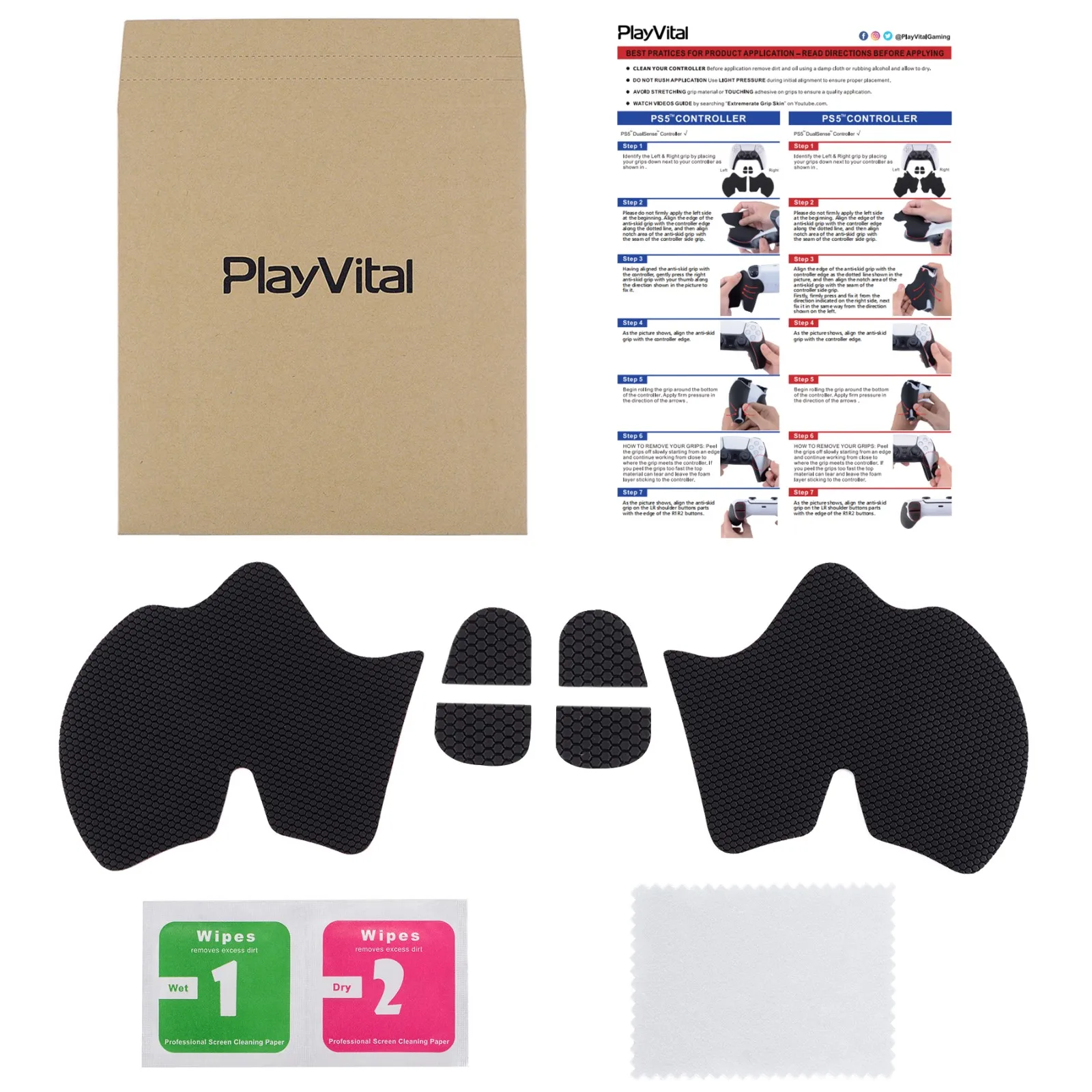 PlayVital Black Anti-Skid Sweat-Absorbent Controller Grip, Armored Edition Textured Soft Rubber Pads Grips for ps5 Controller