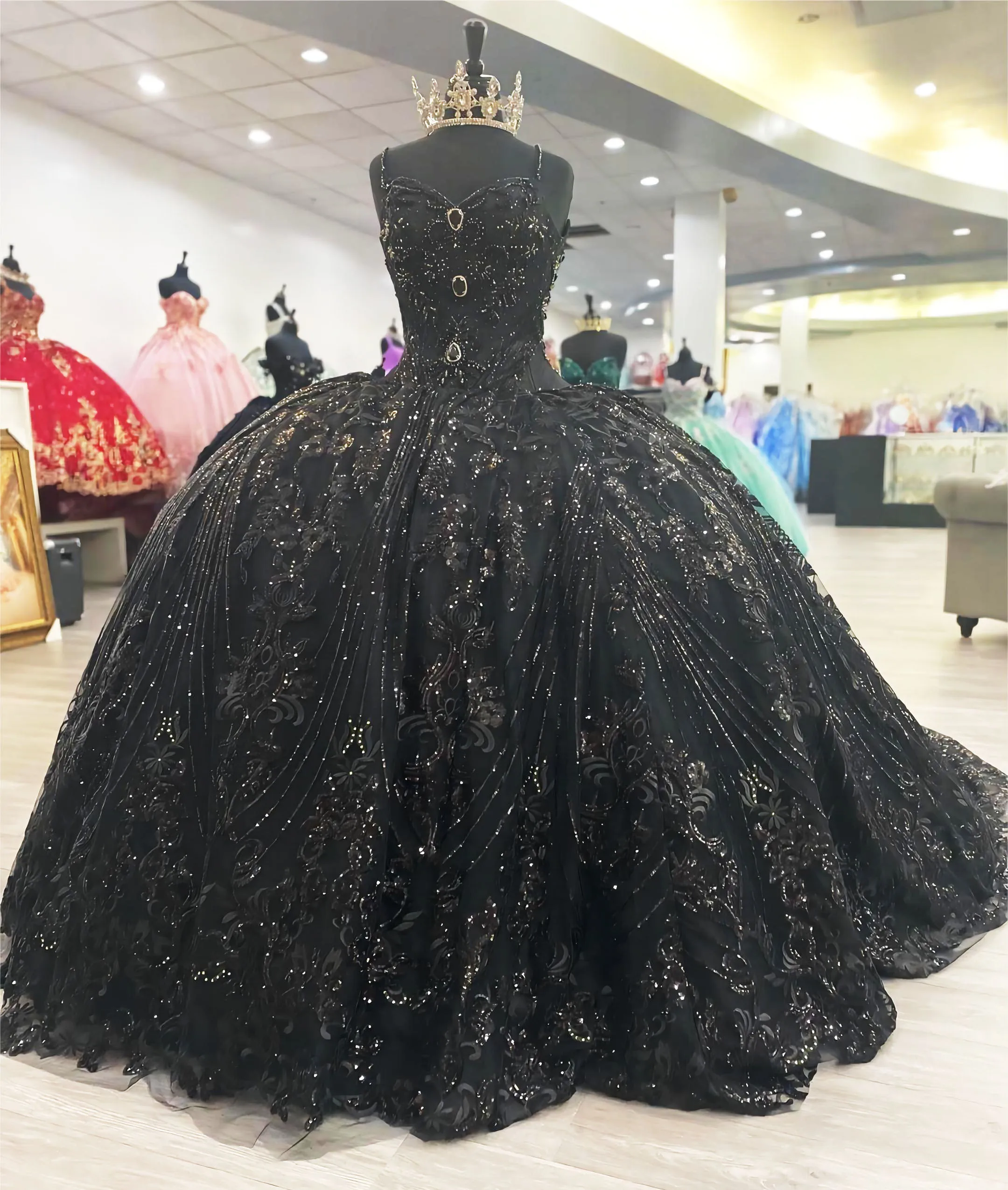 Mexican Themed Black Sequins Lace Charro Quinceanera Dress Crystal Beaded Corset Ball Gown with Spaghetti Straps and Long Train