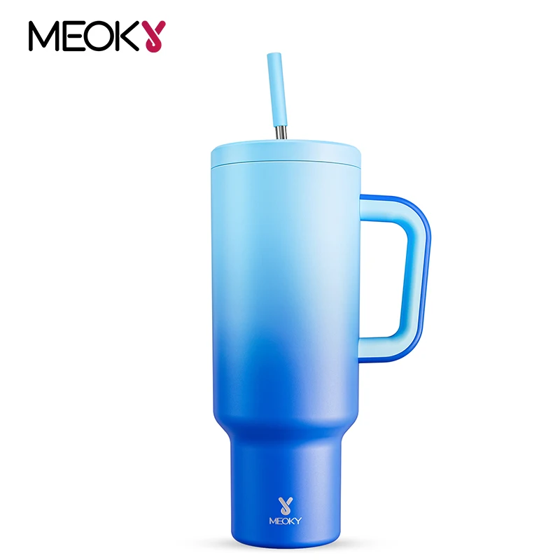 

Meoky 50oz/1480ml Big Straw Car Cup Stainless Steel Blue Gradient Thermal Insulation Double Wall Portable Leak-Proof Trendy Cup