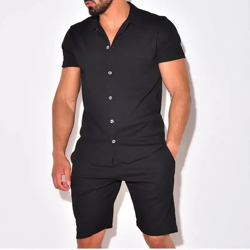 Shorts e camisas de botão casuais masculinas, conjuntos de colarinho para baixo, monocromáticos, macios, de peito único, solto, terno de duas peças,