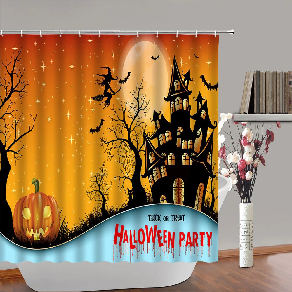 

Thriller House Spider Web Pumpkin Bath Curtains Scary Pumpkin Full Moon Night Bathroom Waterproof with Hook Shower Curtain Decor