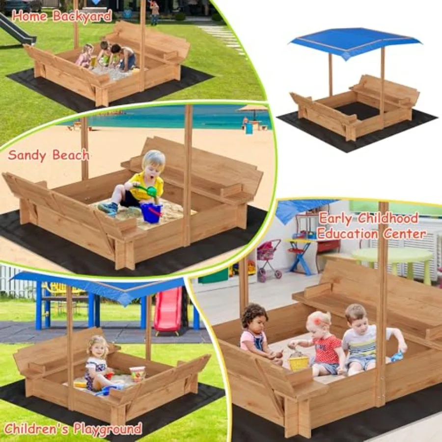 Outdoor wooden sandbox with cover, retractable canopy, foldable bench seats, and bottom liner for kidsnatural wood color, weath