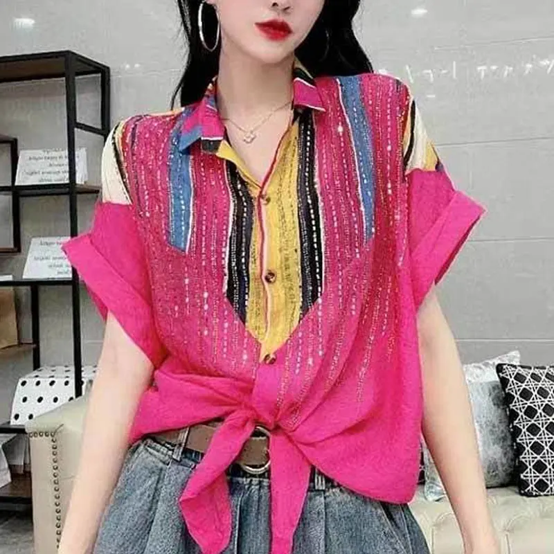 Women\'s Clothing Printing Buttons Fashion Loose Pleated Summer Thin Casual Korean Turn-down Collar Sexy Short Sleeve Blouses