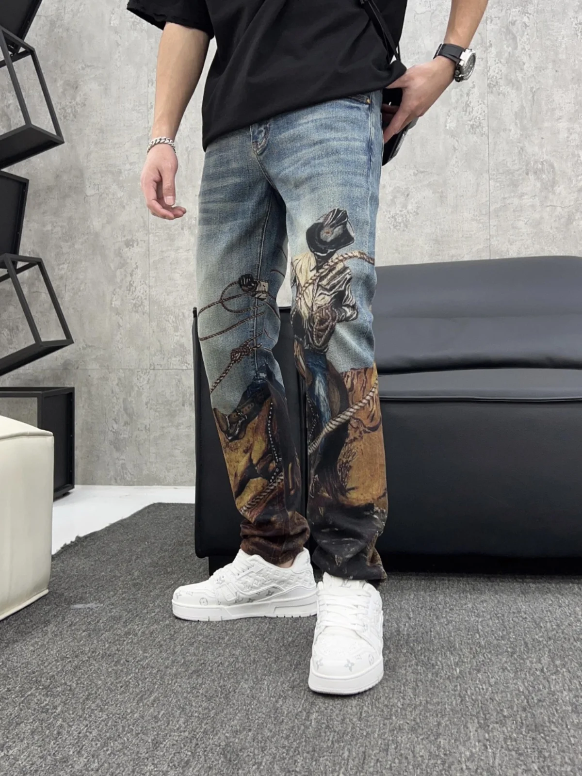 

Faionable Slim Fit Blue Men's Jeans Personali Print High Waist Long Pants Spring Summer New Arrival Wear Resistant Casual