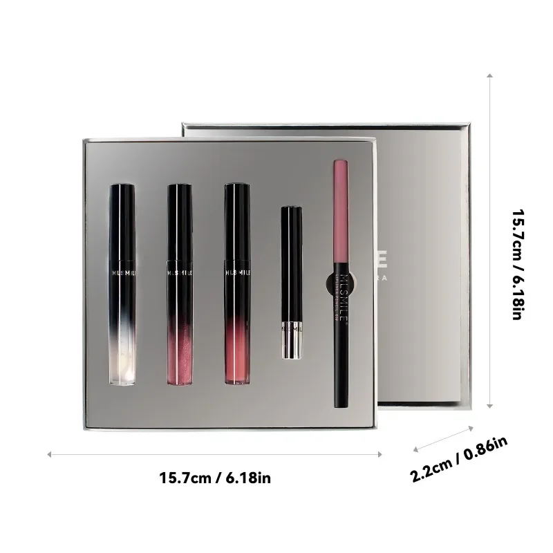 Silberne Geschenkbox, Lippenglasur-Set, 5-teilig, Lippenstift-Set, Lipliner, Bleistift, antihaftbeschichtet, wasserdicht, matt, Lipgloss, Tönung, Fleck, Kosmetik