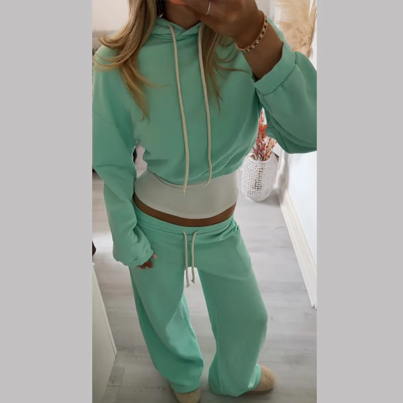 Damen Crop-Hoodie-Sweatset-Outfit, Langarm-Kapuzenpullover mit Kordelzug, Weitbeinige Jogginghose, Trainingsanzug, Lässige Streetwear – Detail 22