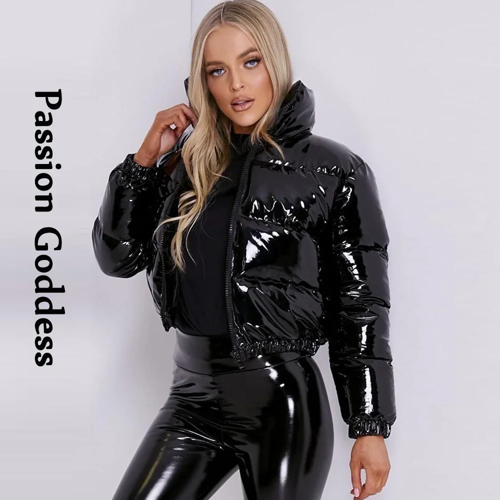 Winter Women Shiny PVC/Vinyl Down Jackets Short Puffer Bomber Jacket Bright Leather PU Cropped Parkas Down Warm Zipper Outcoats