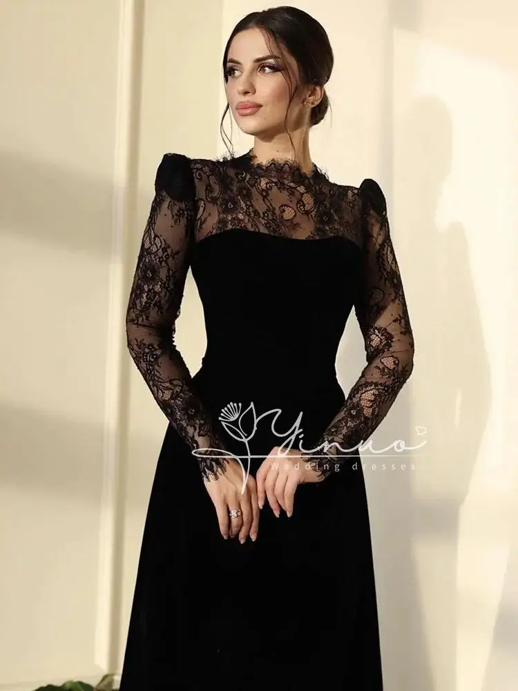 customized Sexy Black Lace Prom Dress Women's High Neck Long Sleeve Party Evening Gown Floor Length Formal Occasion Dresses 2025