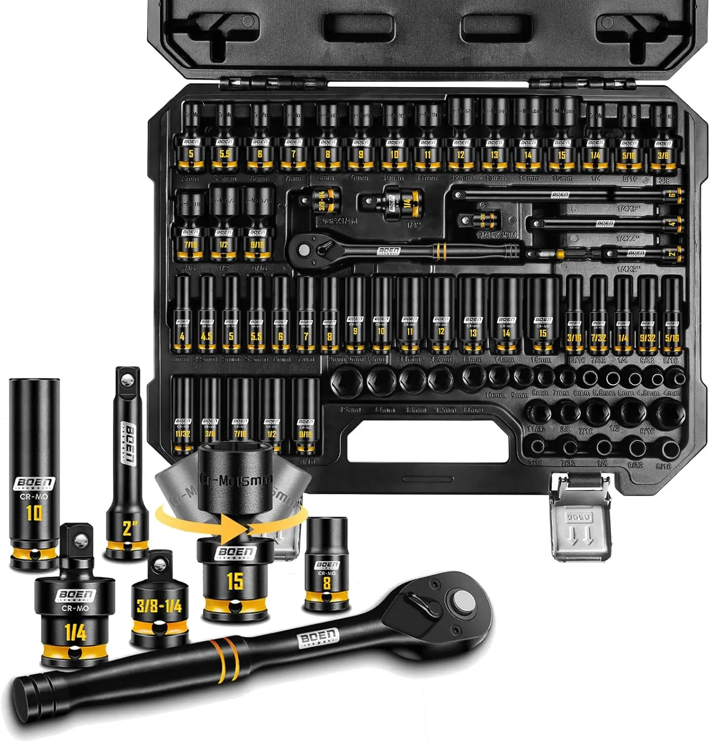 1 4 Drive Impact Socket Set 74 Piece SAE 3 16 9 16 Metric 4 15mm 6 Point Deep Shallow Kit Painted Marking Cr Mo Ratchet Handle U