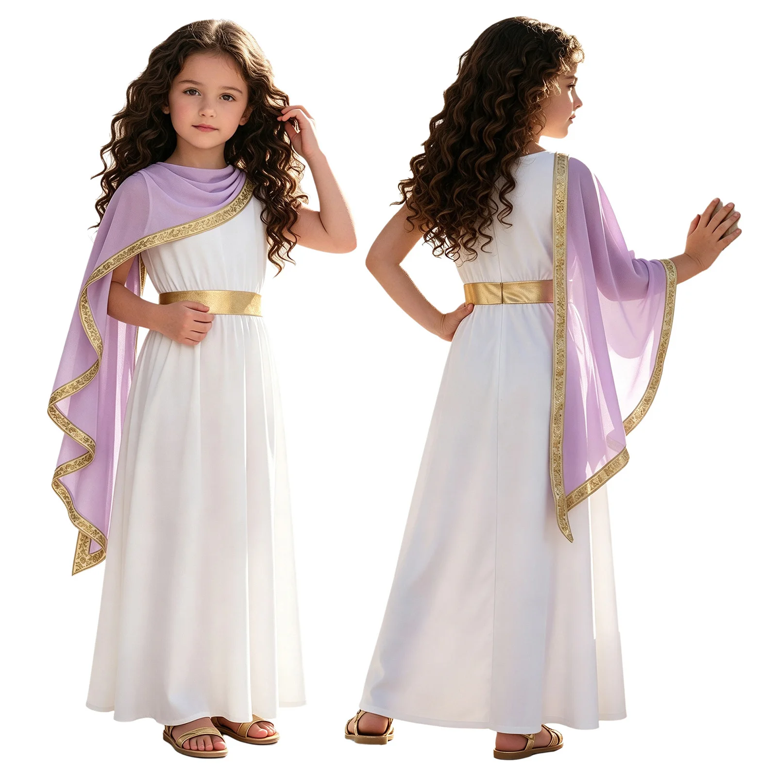 Elegant Princess Party Clothes Kids Girls Greek Toga Costume Sleeveless Invisible Zipper Metallic Waist Gold Trim Shawl Dress