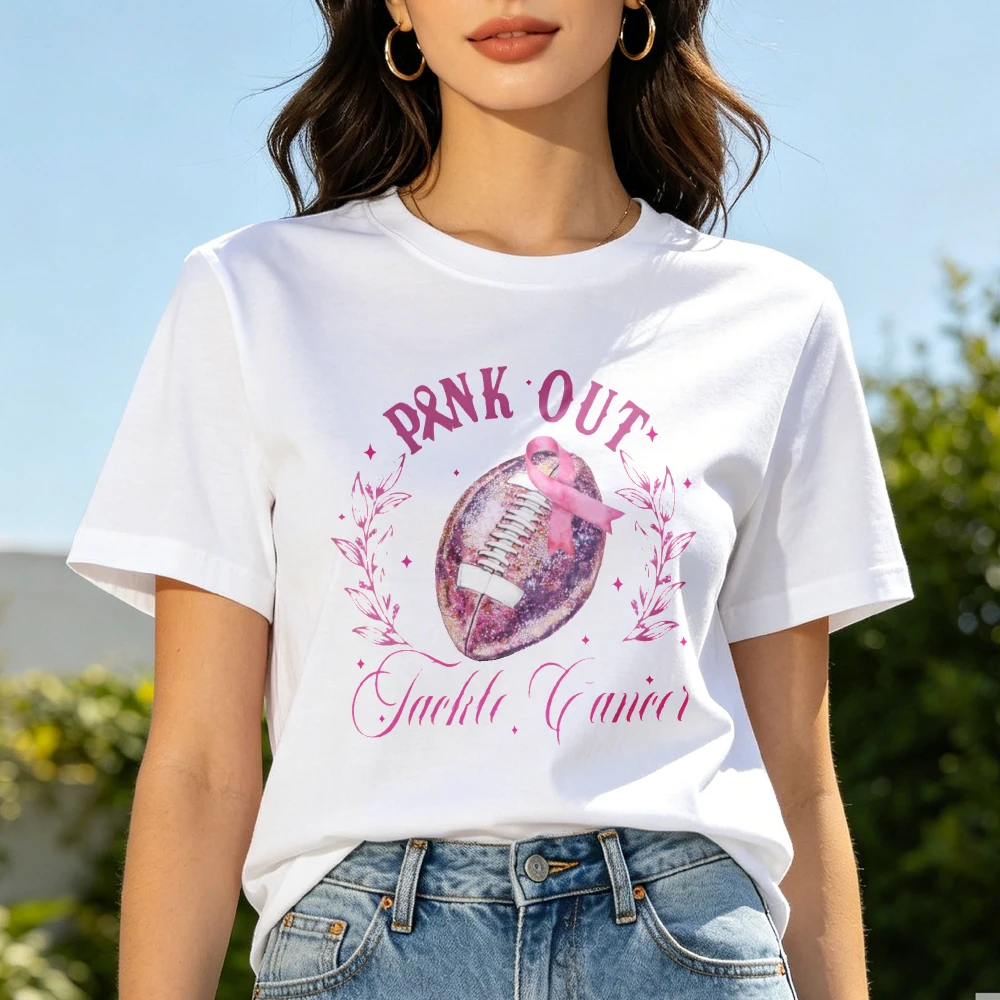 Breast Cancer Football Pink Out Shirt Breast Cancer Awareness Tops Pink Ribbon Tees Football Girly Cancer Game Day Cotton Tshirt