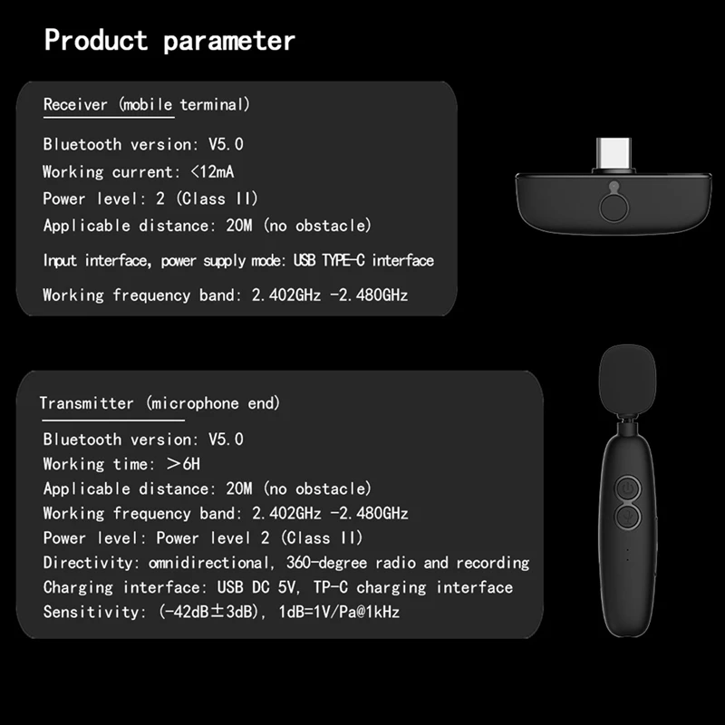 Microfone de lapela sem fio, interface tipo C, YouTube, Facebook, Live Stream, Vlogger, 2,4 GHz