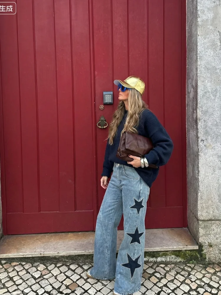 Diamond Decoration Jeans Women Five Pointed Star Straight Women's Pants Retro Baggy Fashion Street Denim Jeans Trousers Ladies