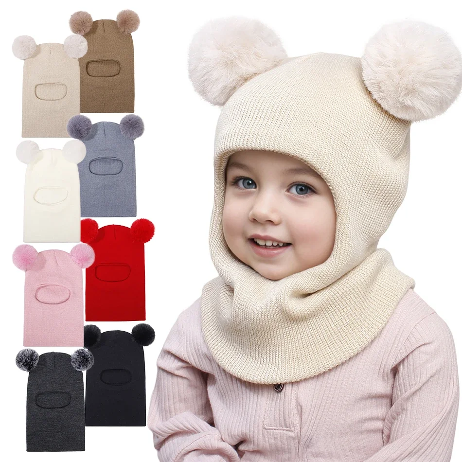 

Unisex Baby Warm Knitted Pullover Hat with Pompoms Thermal Ear Flaps Cute Winter Cap for Boys And Girls Children Hood Accessory