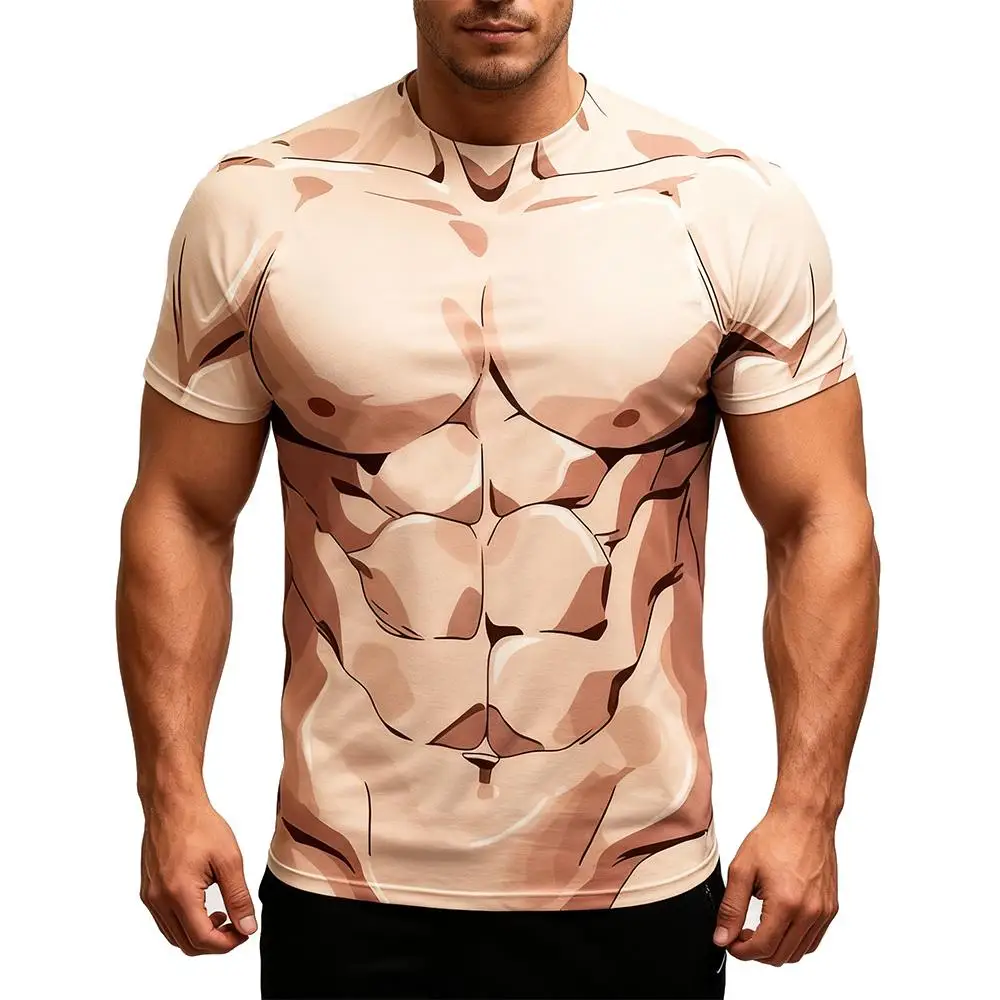 New 3D Fake Abdominal Muscles Funny T-shirt Daily Outdoor Street Fun Short-sleeved Men's Halloween Role-playing Round Neck Top