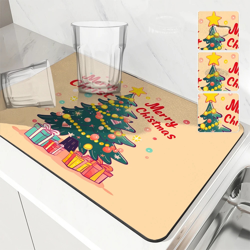 

Large Kitchen Absorbent Mat Christmas Cartoon Antiskid Draining Coffee Dish Drying Mat Quick Bathroom Drain Pad Tableware Mat