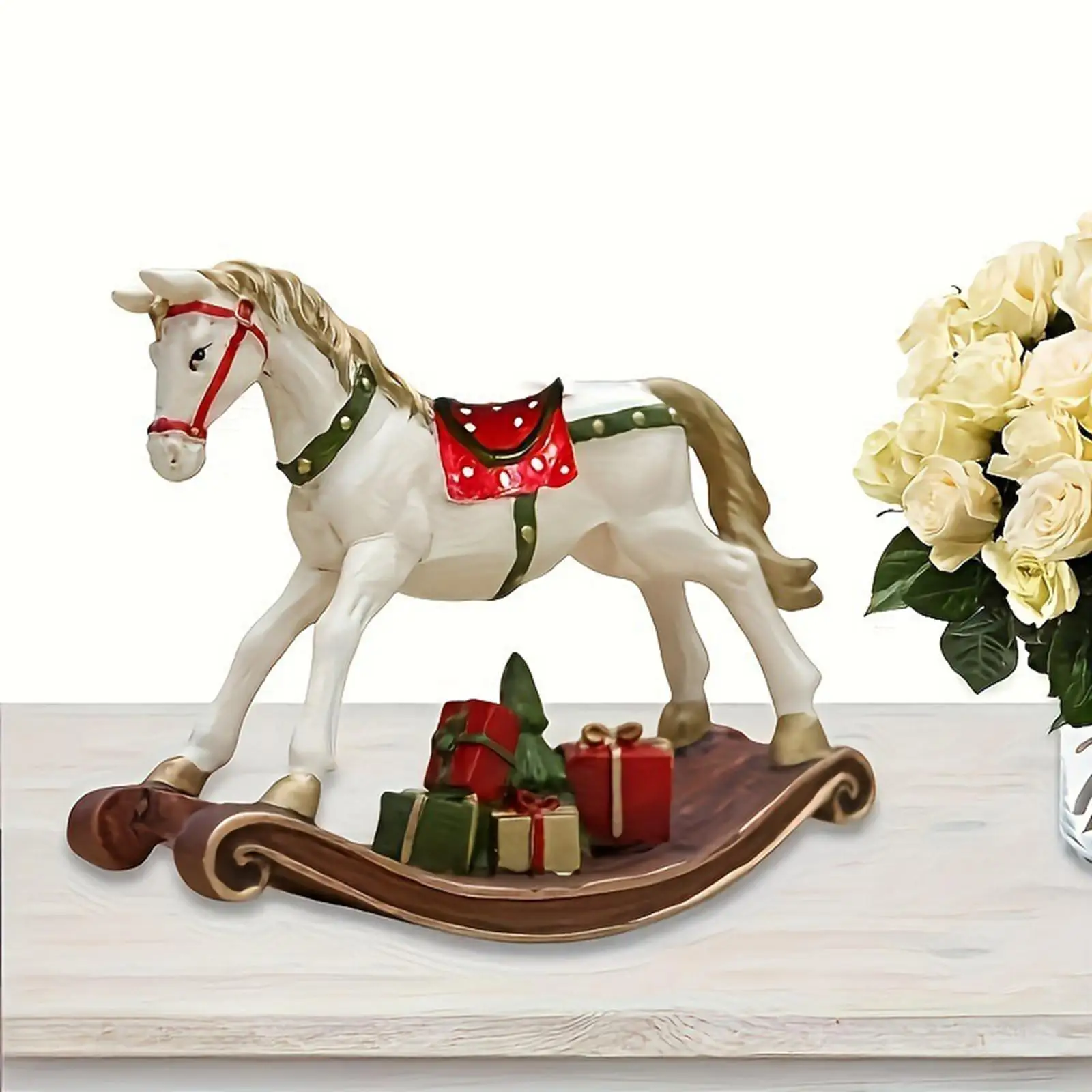 Rocking Horse Statue Table Decoration Art Artistic Christmas Ornament Horse Figurine for Tabletop Bedroom Wedding Entrance