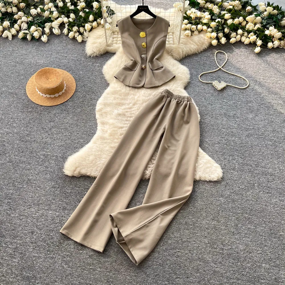

Women Pant Set Two Piece Sets Round Neck Sleeveless Vest Wide Leg Long Pants Elastic Waist Y2k Streetwear Elegant Slim Fit 2026