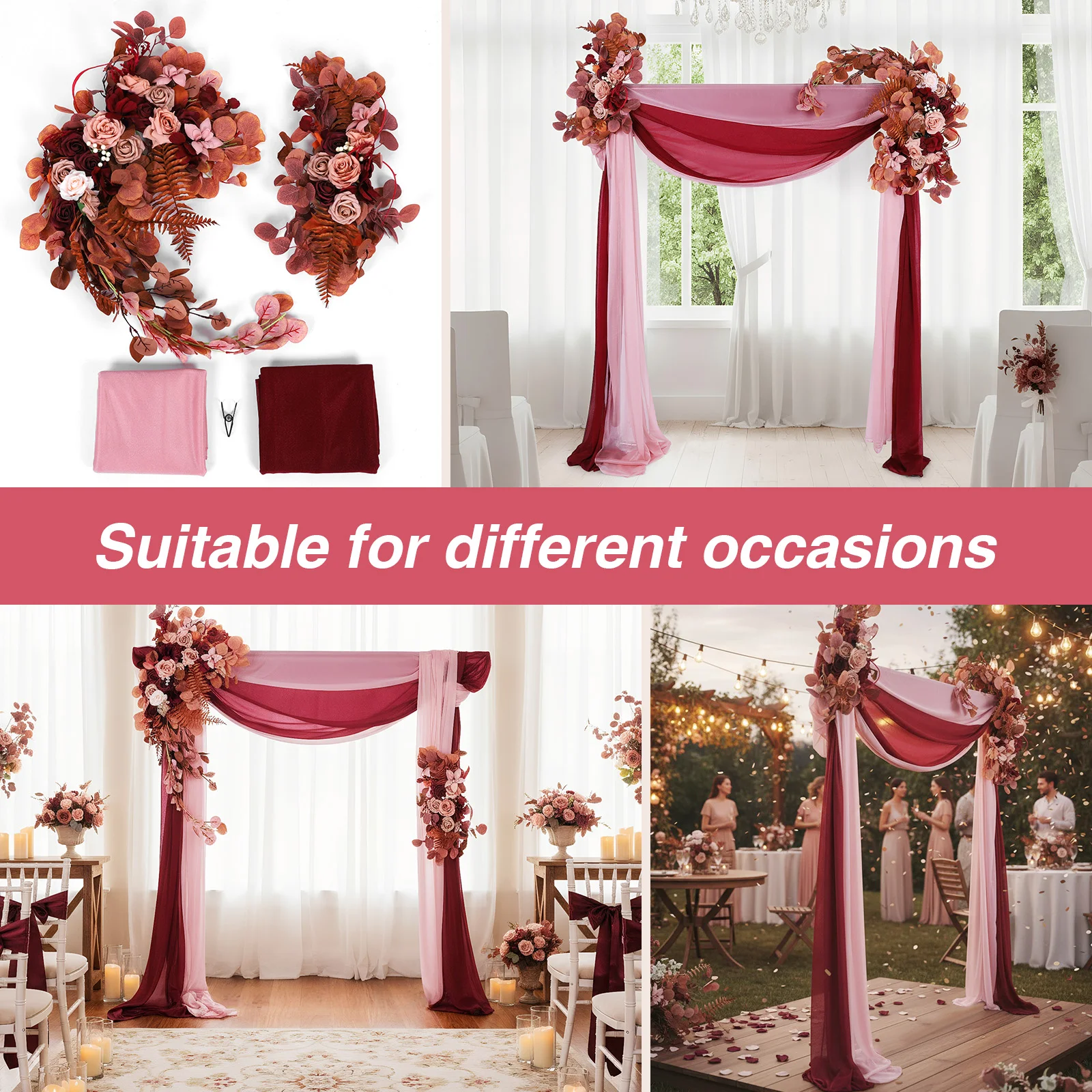 

Pack of 4 Artificial Arch Flowers Swag with Sheer Drapes Wedding Arch Artificial Flowers Kit for Reception Wedding