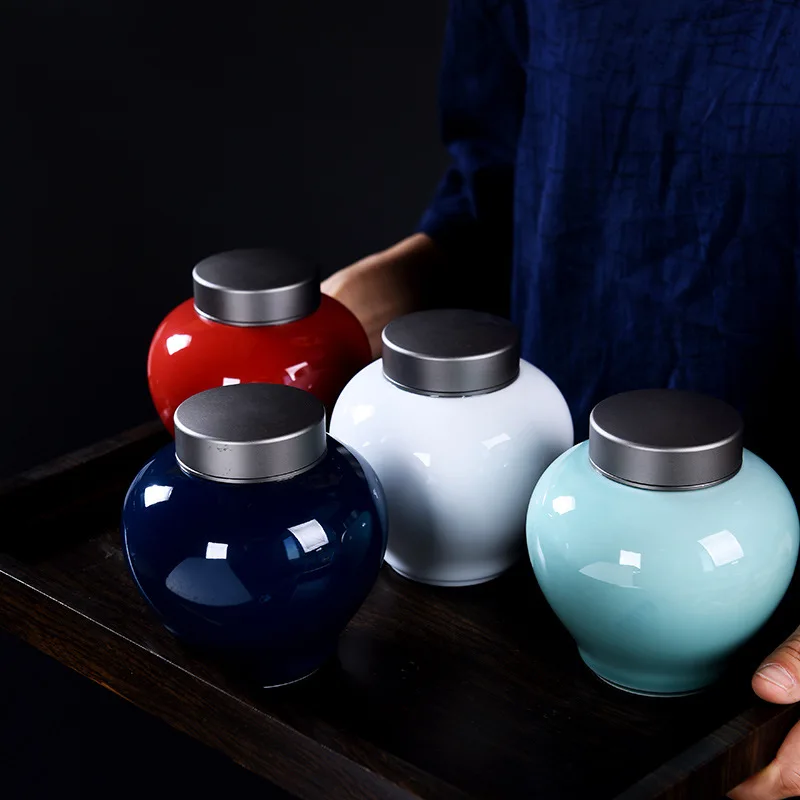 Tea Double-layer Aluminum Alloy Storage Jar Sealed Food Ceramic Desktop Decoration Ornaments
