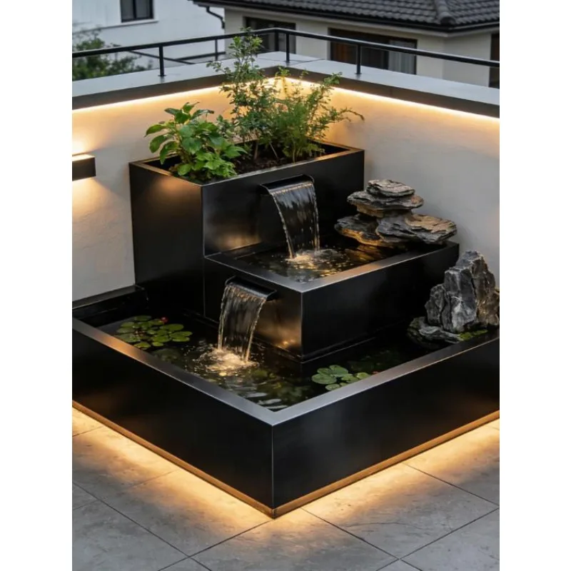 Elegant Stainless Steel Balcony Fish Pond Self-Cleaning Water Cycle System Modern Landscape Decoration for Rooftop Terrace Patio