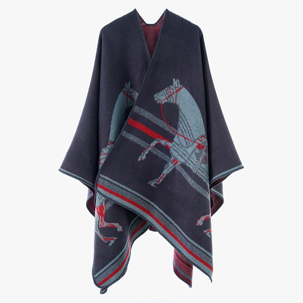 

Vintage Elegant Stripes Horse Faux Cashmere Poncho Wraps Women Men Party Travel Cloak Autumn Winter Long Thick Shawl Outerwear