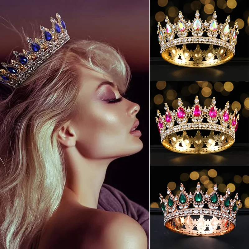 Fashion European Princess Tiara Round Baroque Pageant Crowns Crystal Full Crown King TiarWedding Crown Hair Dress Accessories