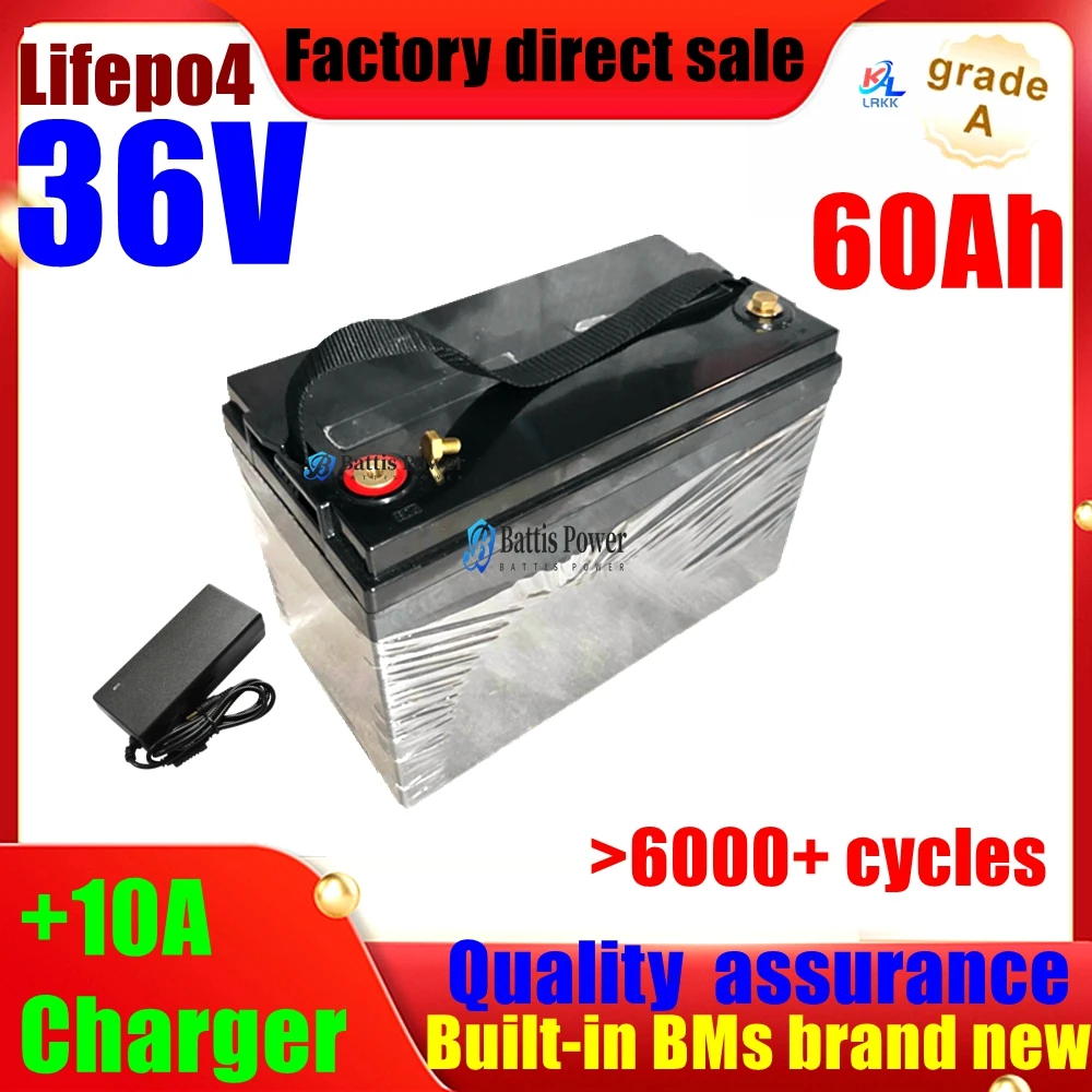 

waterproof 36V 60AH Lifepo4 battery with BMS for 3000w 1500W scooter bike Tricycle Solar backup power golf cart +10A charger