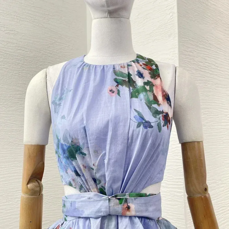 Women Summer Dress Beach Style New Pure Cotton Sleeveless Floral Print Pleats Design Cut Out Shirred Frill Women Midi Dresses