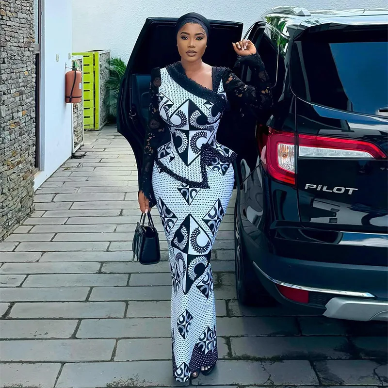 2024 של נשים סתיו אלגנטי צווארון תחרה שחט הדפס חולצה מותניים גבוהה שמלה באורך חצי באורך שתי חתיכות