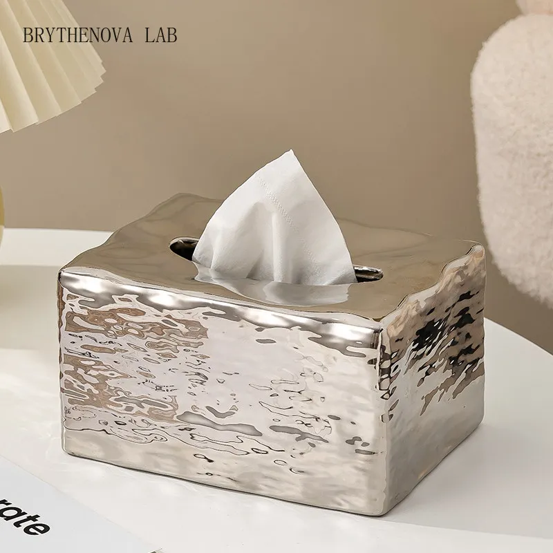Creative Water Ripple Ceramic Tissue Box Living Room Pull-Out Box Tissue Electroplated Silver Napkin Holder Dining Table Decor