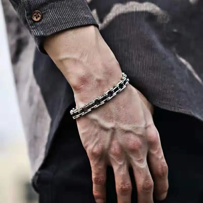 

Pure Silver Bicycle Chain Bracelet Punk Style Jewelry Personalized Trendy Creativity Retro Thai Silver Bracelet Men's Hip Hop Ac