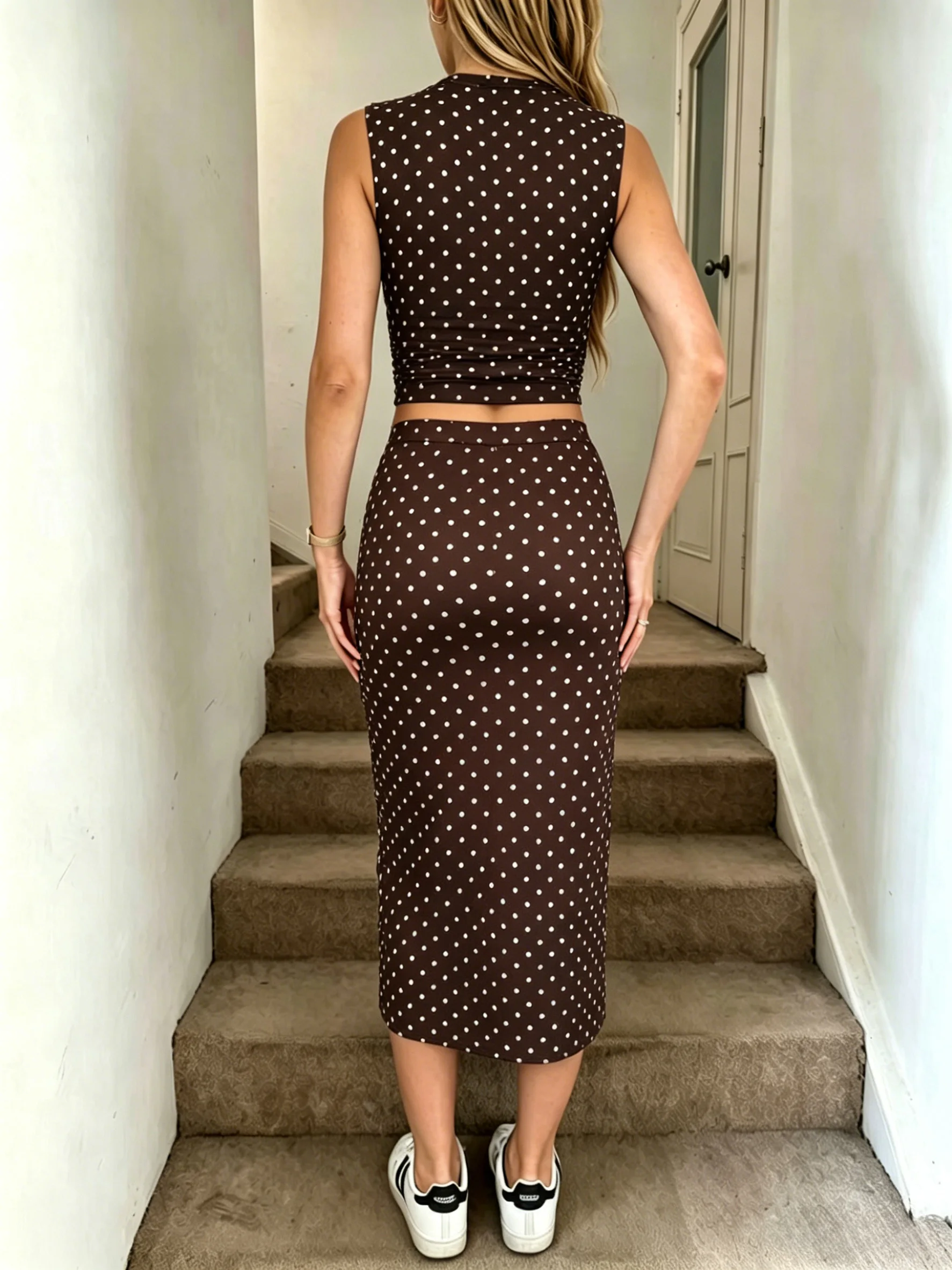 Women Polka Dot 2 Pcs Set Slee - Crop Top Crochet ulasan dan harga