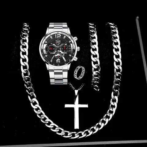 5PCS Set DEYROS Fashion Mens Calendar Watches Men Business Stainless Steel Quartz Wristwatch Male Casual Necklace Bracelet Watch