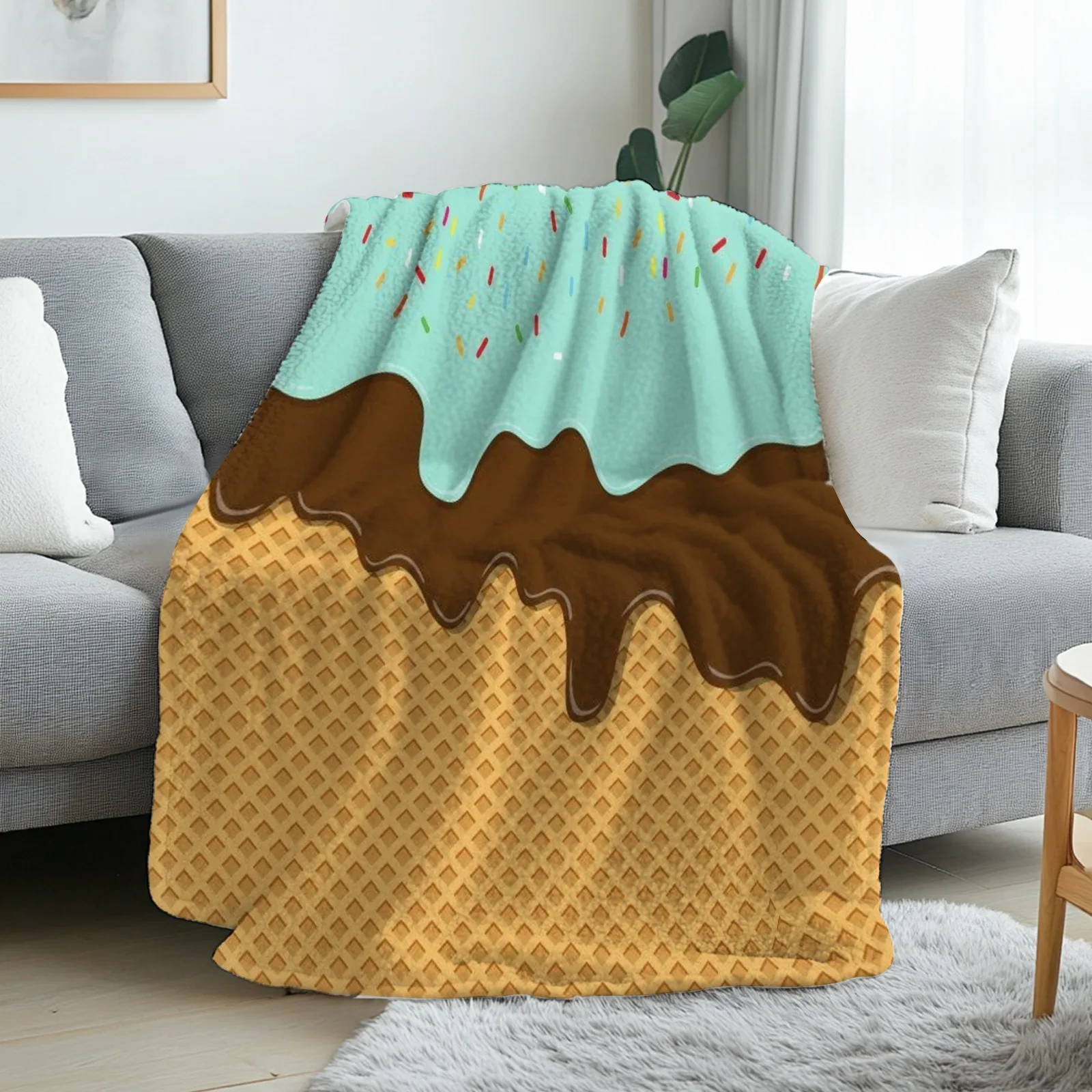 Ice Cream Cone Blanket Waffle Cone With Chocolate And Mint Frosting Soft Fleece Throw Cozy Fun Home Decor Gift For Kids40x50
