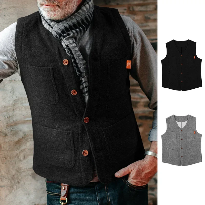 Men's Spring and Autumn Vest Work Style Slim Single-breasted Multi-pocket Woolen Vest Coat