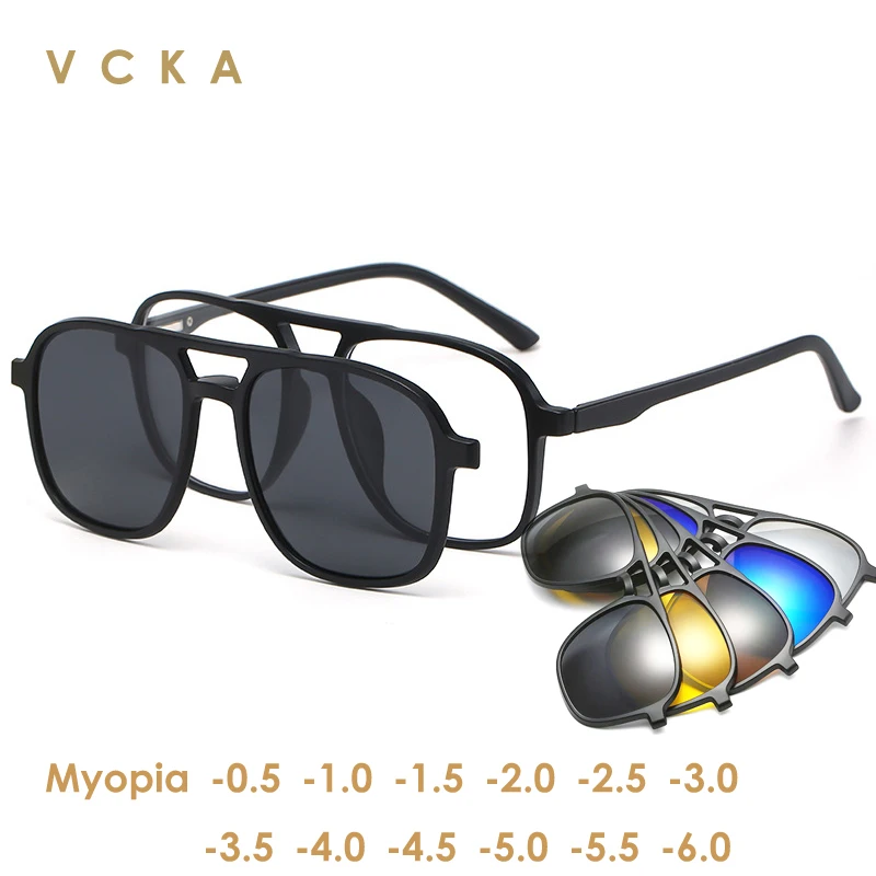 VCKA-Lunettes de soleil magnétiques optiques polarisées pour hommes et femmes, myopie, 6 en 1, clip sur aimant, contrevenants, cadre de lunettes personnalisé-0.5 à-6.0