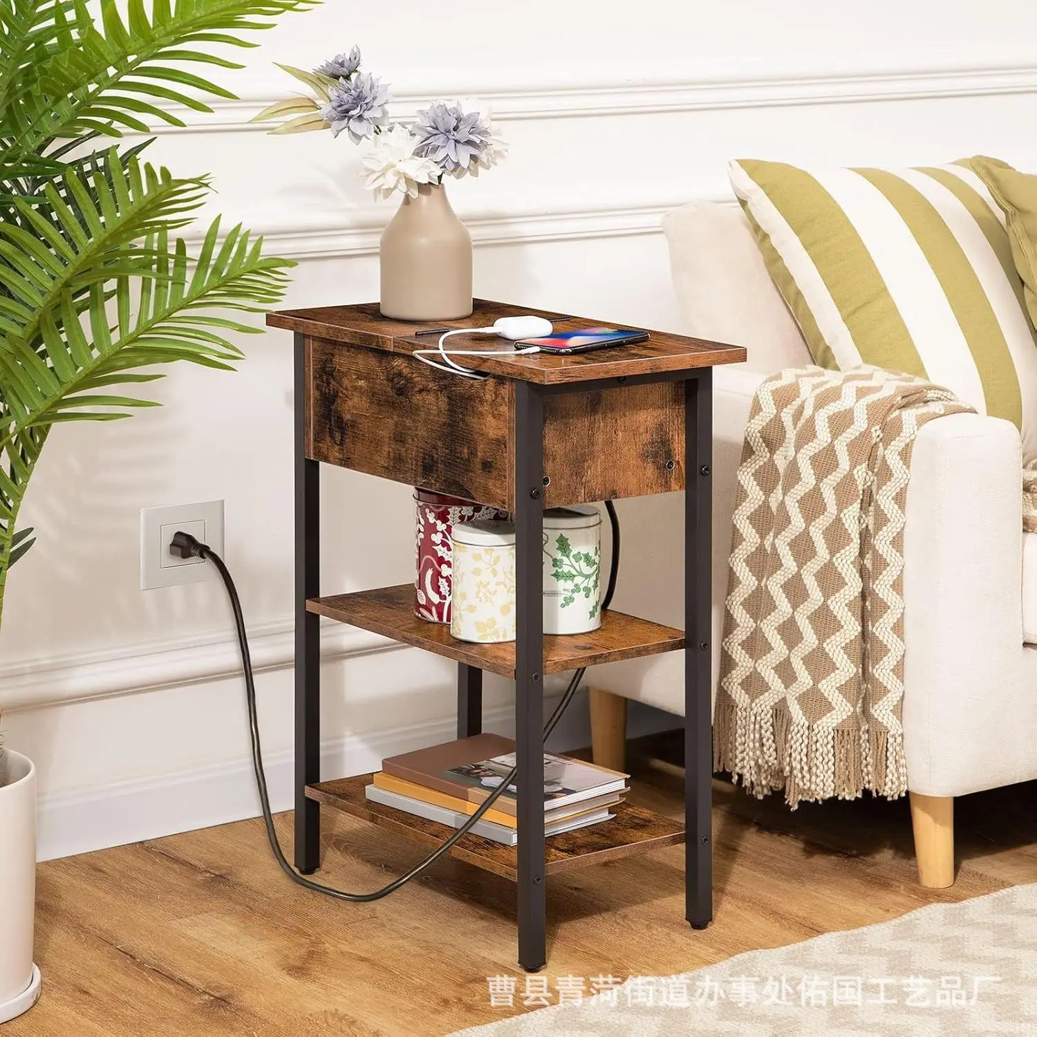 Retro wrought iron with power socket sofa side table multi-functional bedroom bedside table living room simple three-layer locke