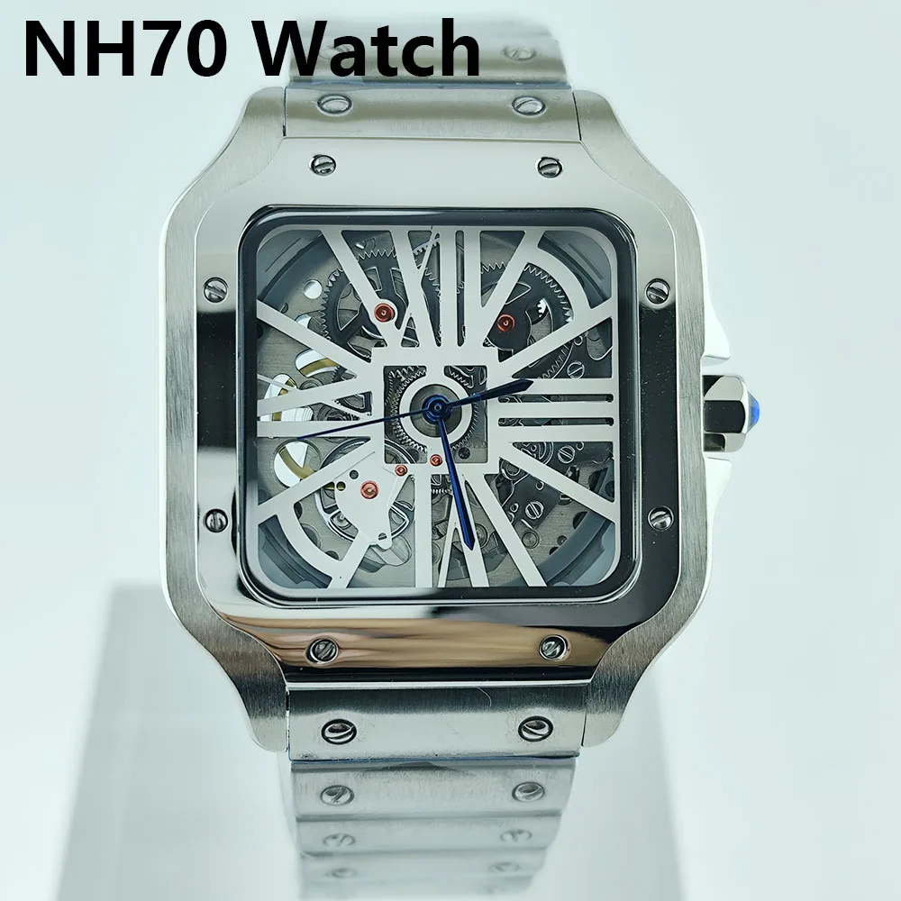 

New NH70 watch square men's stainless steel automatic mechanical watch hollow dial NH70 movement sapphire glass
