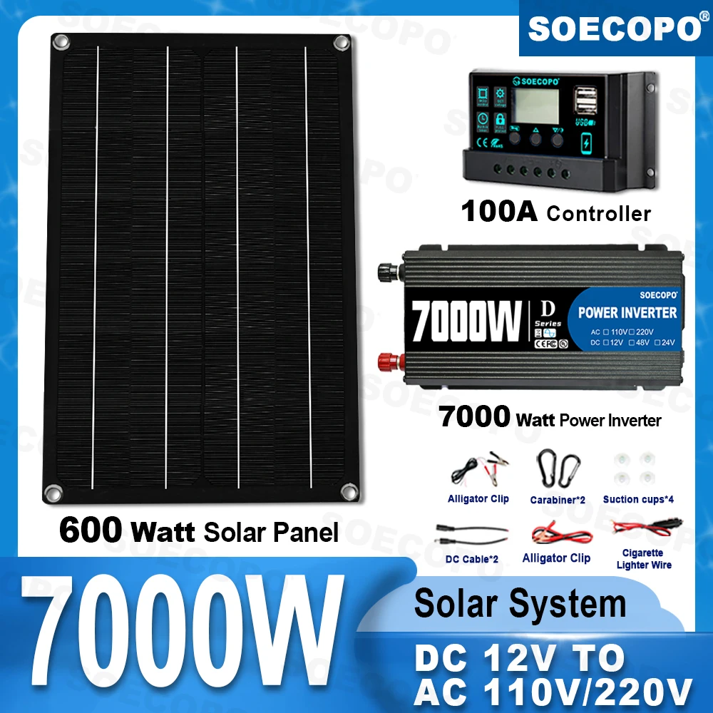 

SOECOPO 7000W Solar Power System Kit 600W Photovoltaic Panel 100A Controller 12V To 110V 220V Inverter for Camping Home Balcony