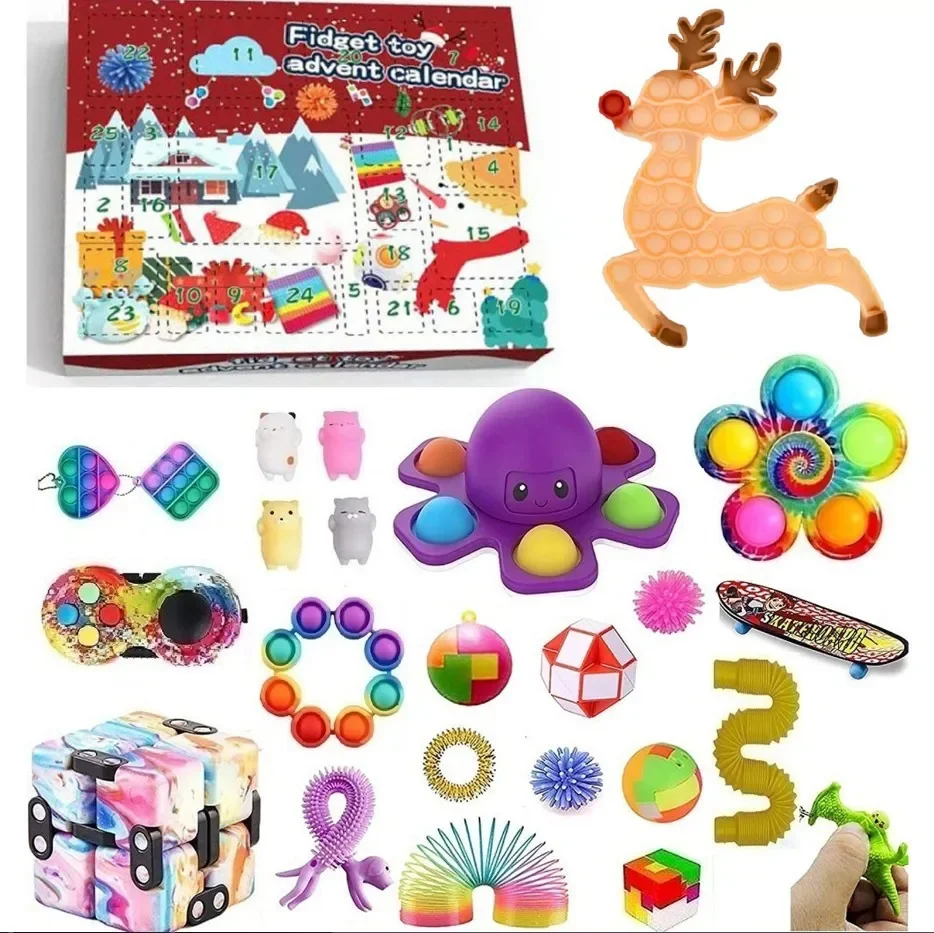 1 Set Christmas Advent Countdown Calendar Fidget Toys Kit Stress Relief Squeeze Toys Pack Blind Box Christmas Tree Kids Toys