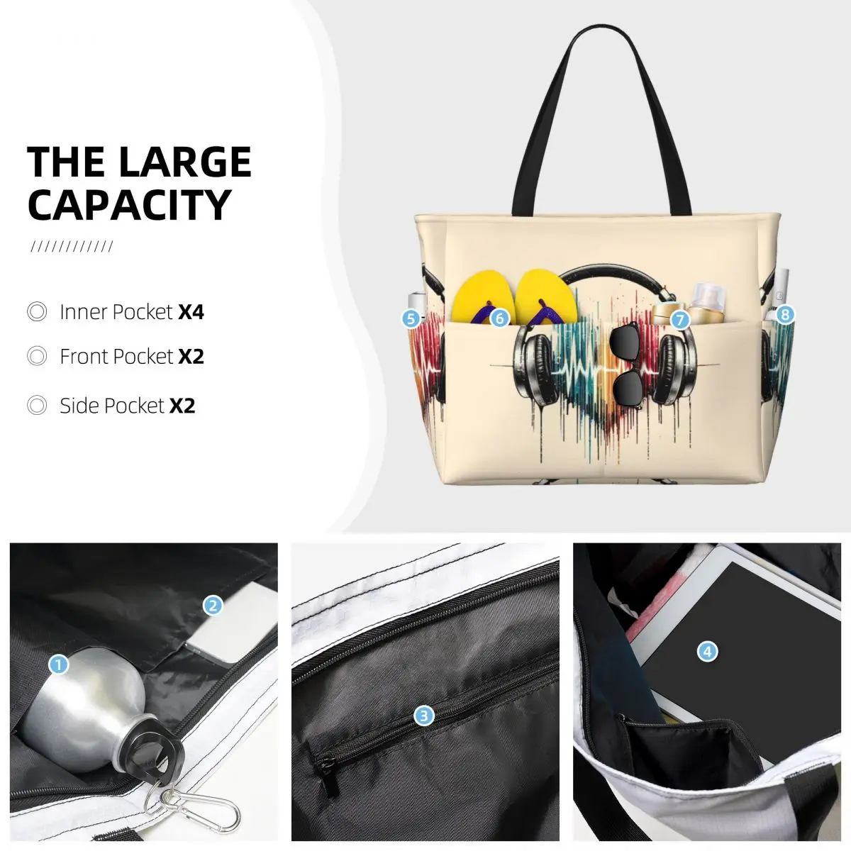 Nota musical en forma de corazón con auriculares, bolso de playa, deporte, gimnasio, Yoga, bolso de mano grande, bolso de viaje para mujer, bolso de Fitness