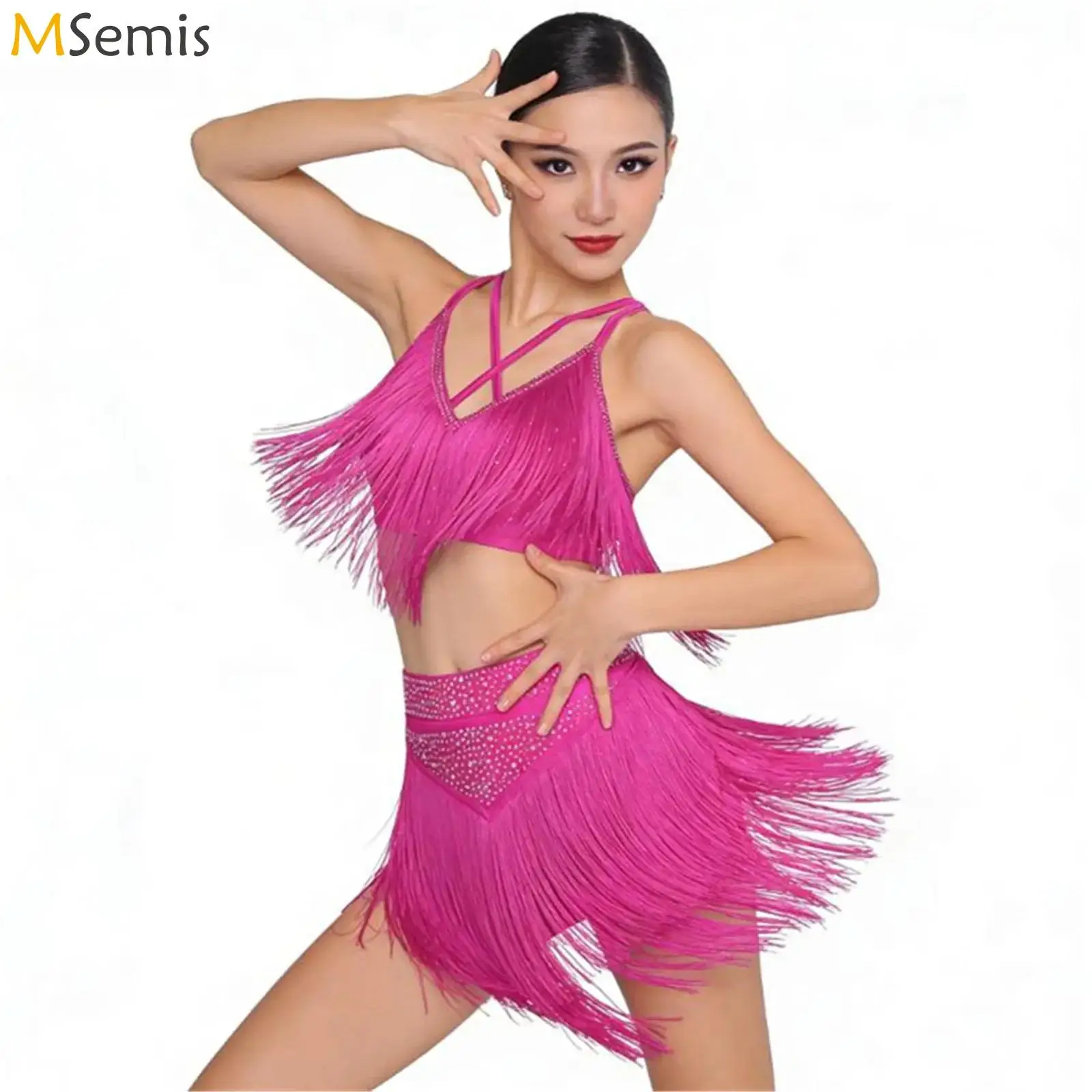 

Women Latin Salsa Salsa Chacha Tango Dance Performance Costume V-Neck Crisscross Back Fringe Crop Top with Tiered Tassels Skirt