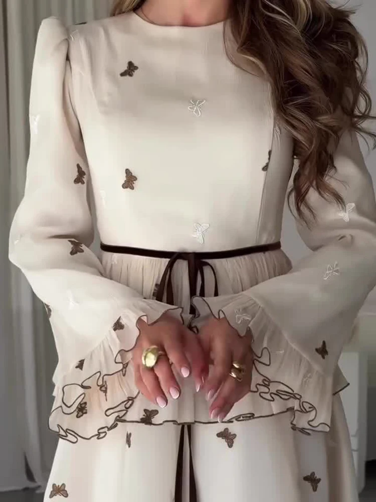 

Повседневное свободное плиссированное вечернее платье с длинными рукавами, новое женское платье с высокой талией, элегантное шифоновое платье с круглым вырезом и принтом бабочки